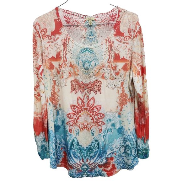 Reba Womens BOHO Tunic Top Small Orange Blue Lace Paisley Rhinestone Long Sleeve - Picture 1 of 9